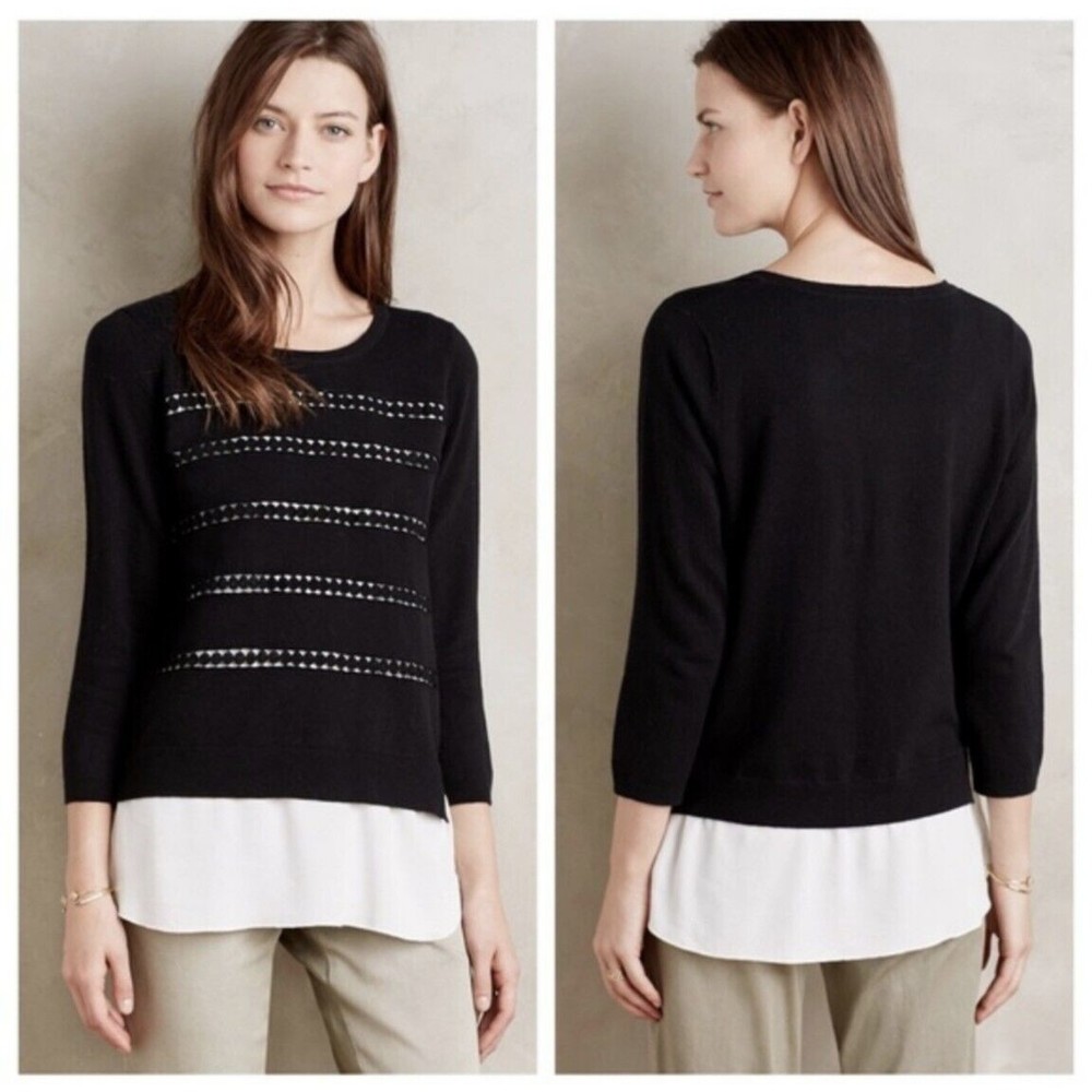 Angel of the North Anthropologie Dovie Sweater Black White Layered Pullover M